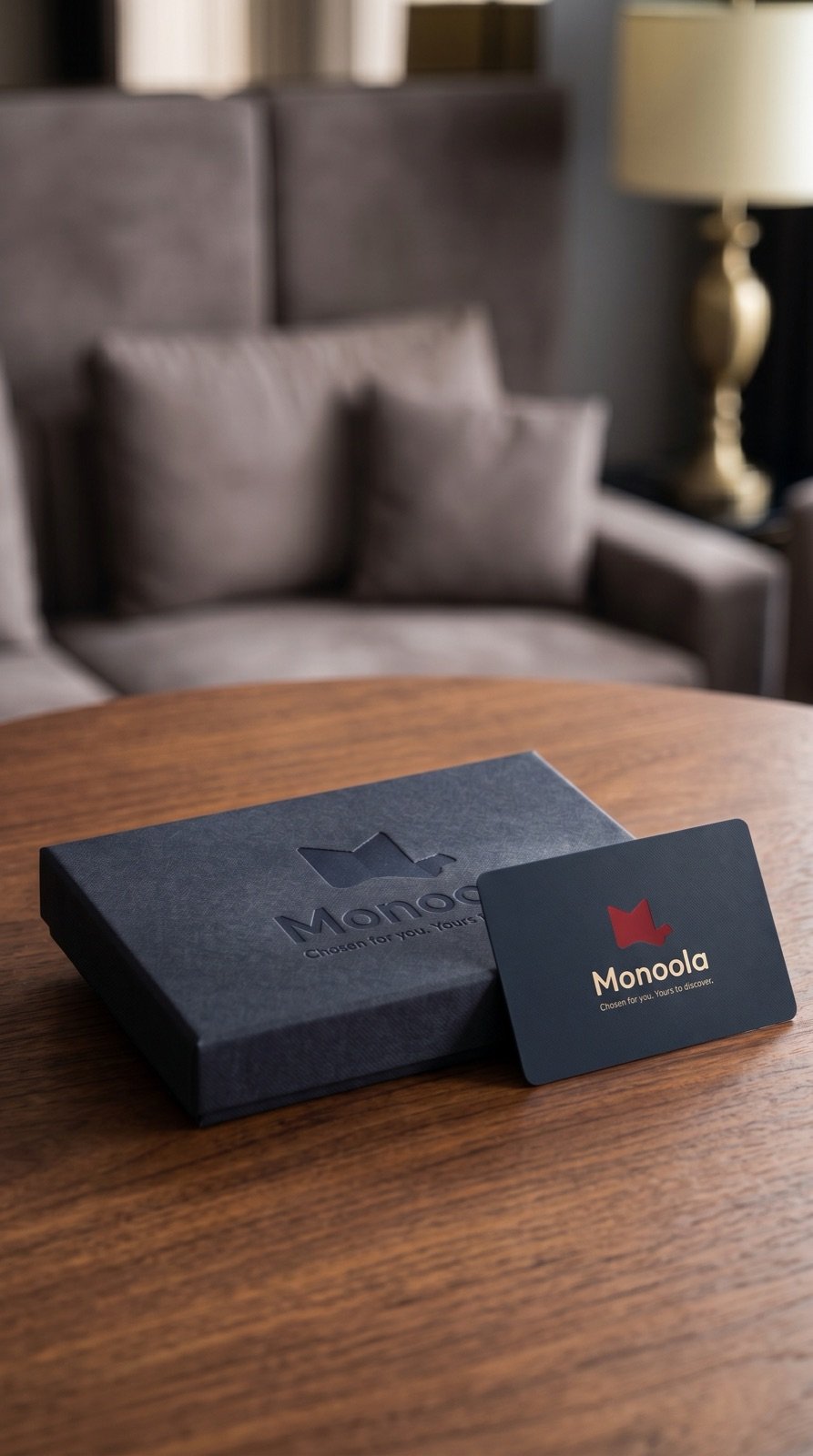 A Monoola Card and its presentation box on a table